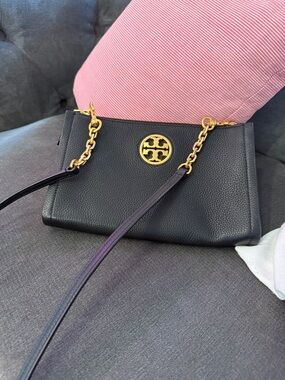 Tory Burch Black Pebbled Leather Shoulder Bag with Gold Logo